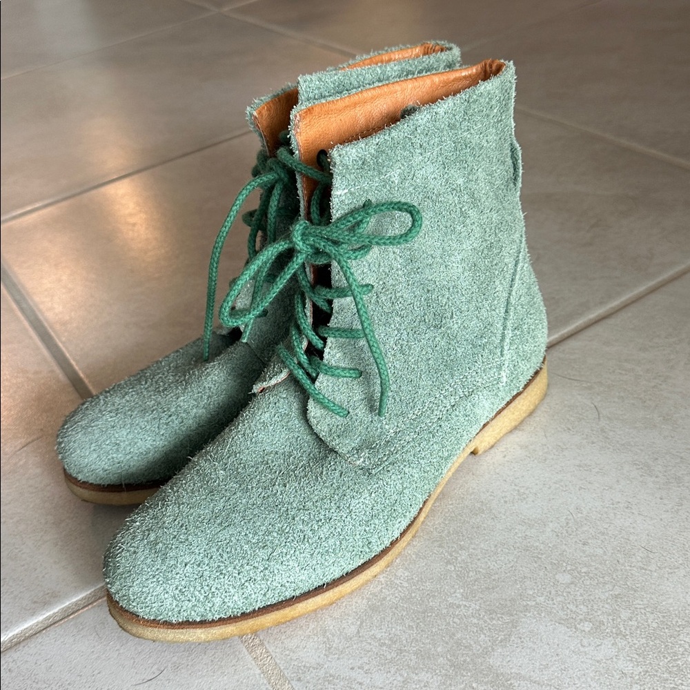 Green Suede Lace-Up Ankle Booties